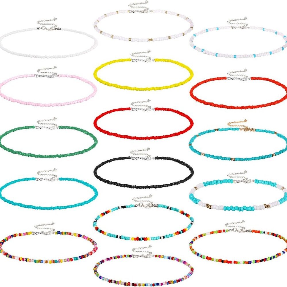 16 Pcs Beaded Choker Necklace Boho Women Summer Beach Colorful Jewelry Bead Seed